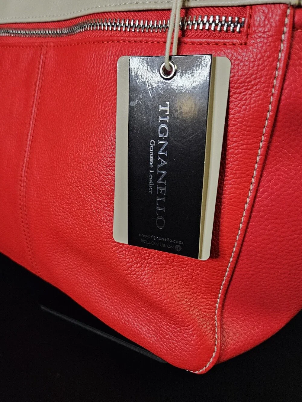 NWT Tignanello Perfect Pockets Leather Colorblock Medium Tote Bag Red Cream